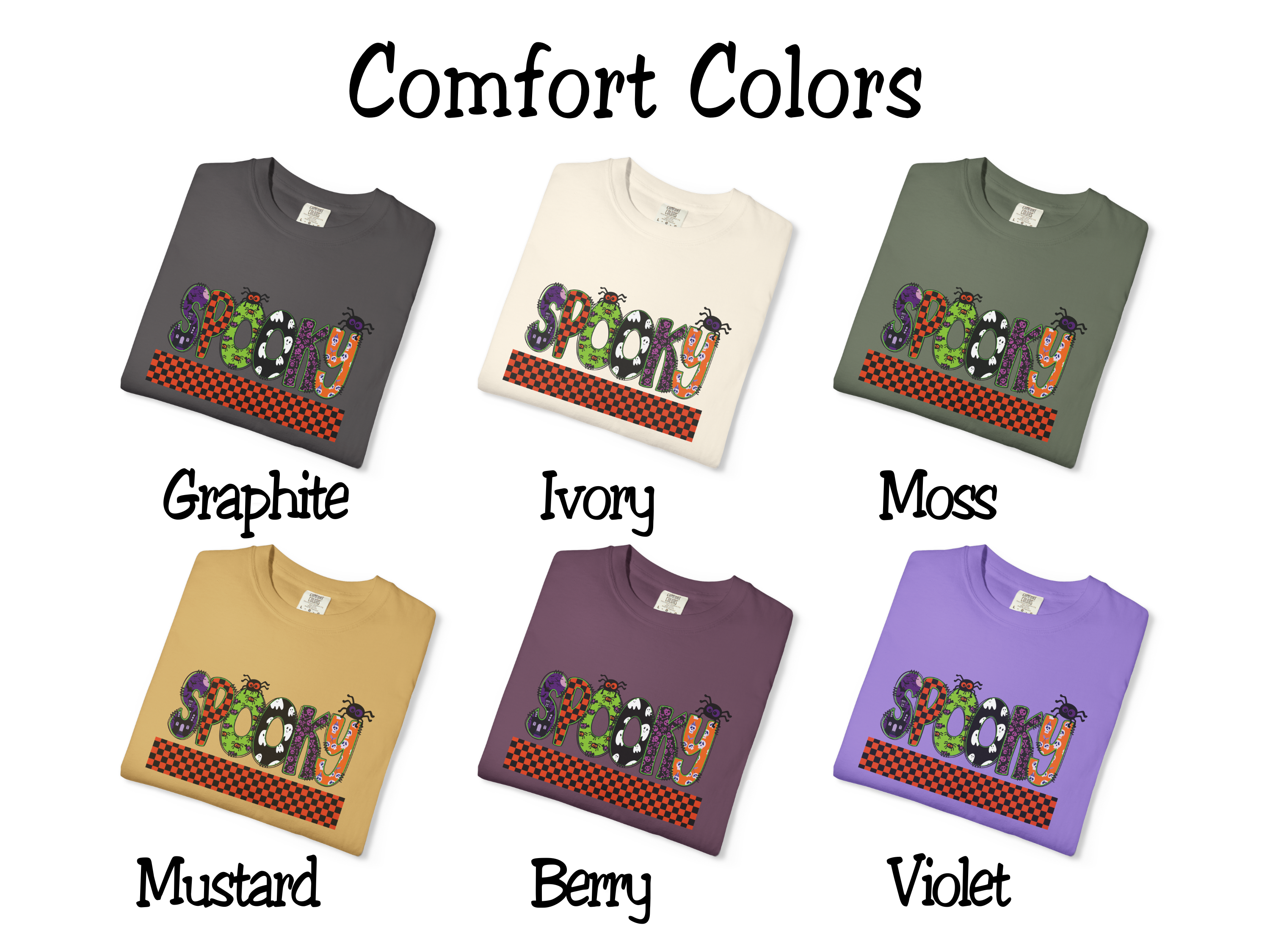 Spooky Halloween Comfort Colors T-shirt, Spiders Ghosts Skulls Check Tee