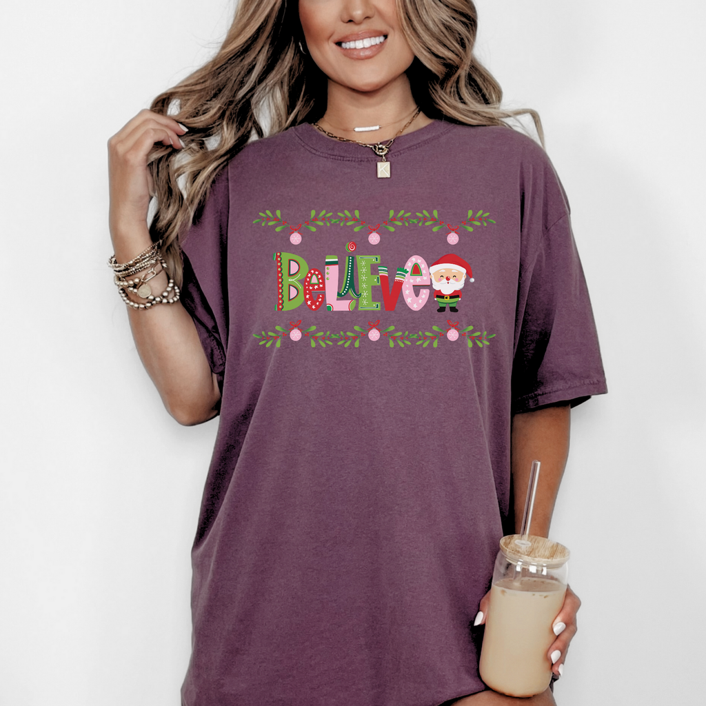 Believe Santa Comfort Colors T-shirt, Pink Green Red Christmas Tee, Holiday Shirt