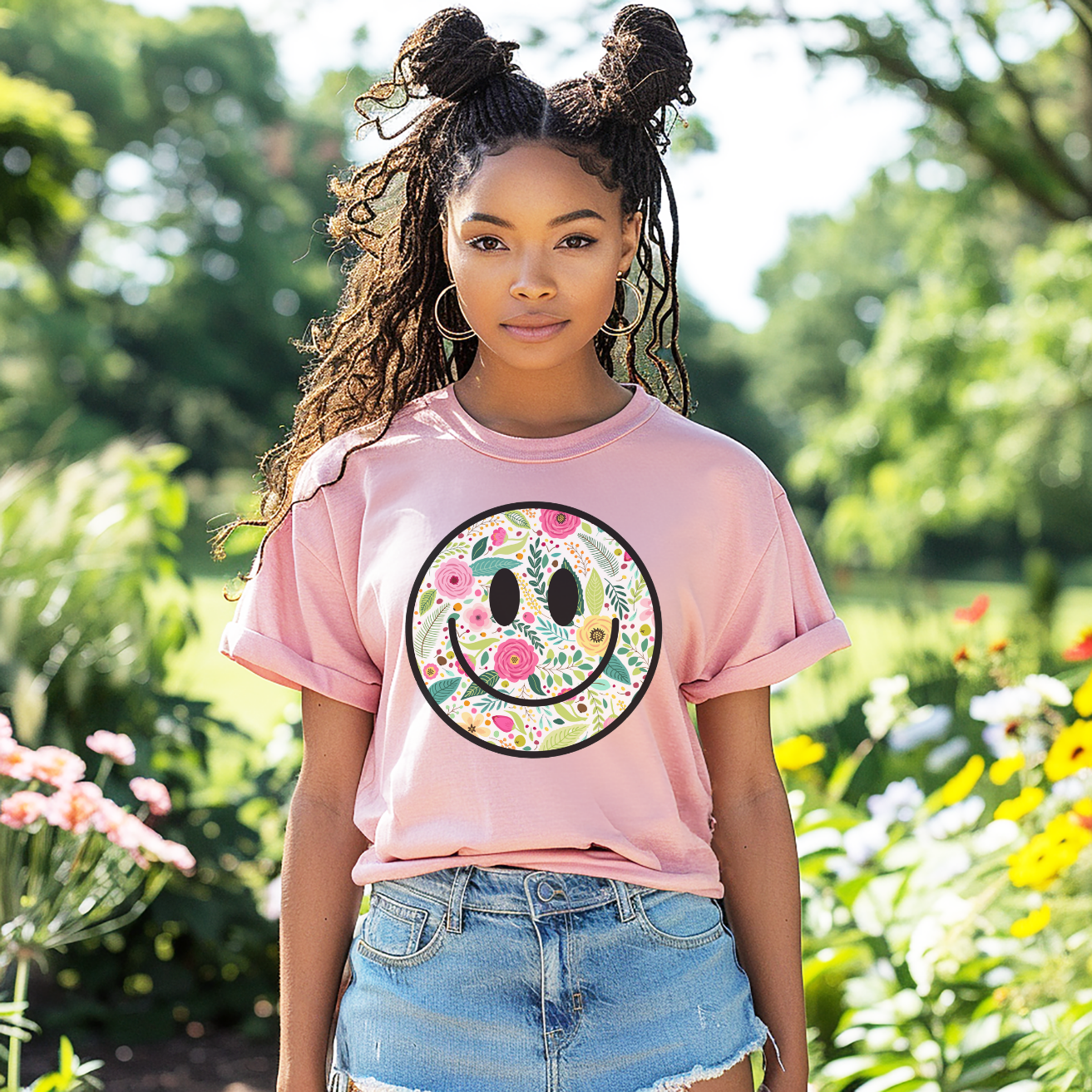 Summer Blooms Smiley Face Adult t-shirt, Spread Positivity, Happy, Women's Tee