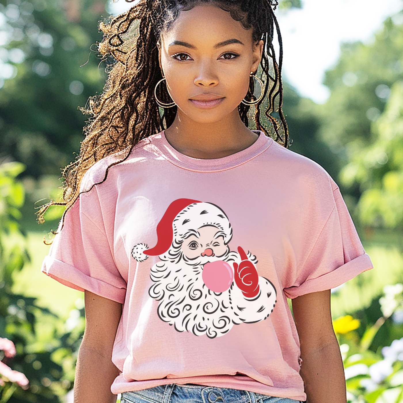 Red Winking Santa Blowing Bubble Comfort Color T-Shirt. Merry Christmas Tee, Woman's Holiday Shirt