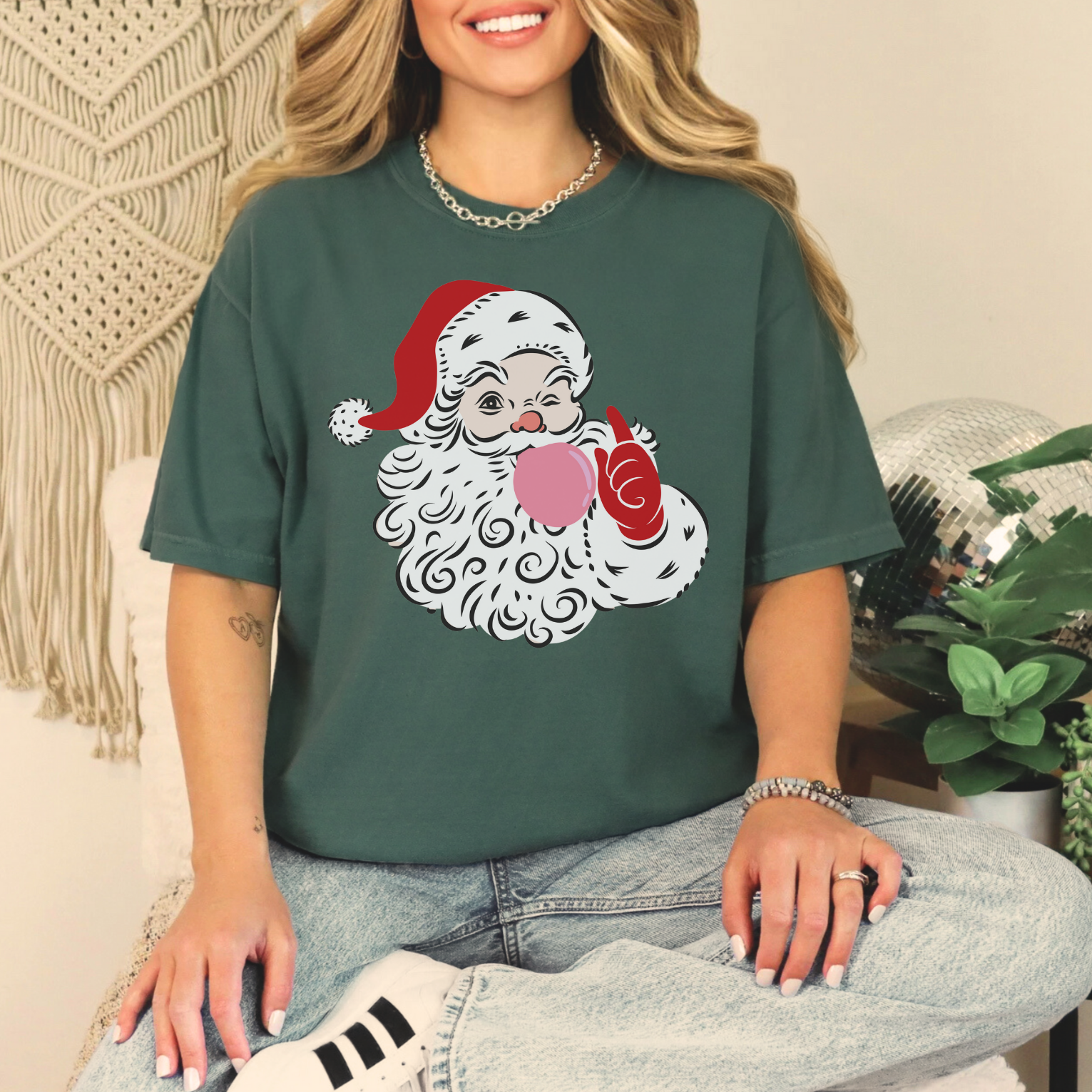 Red Winking Santa Blowing Bubble Comfort Color T-Shirt. Merry Christmas Tee, Woman's Holiday Shirt