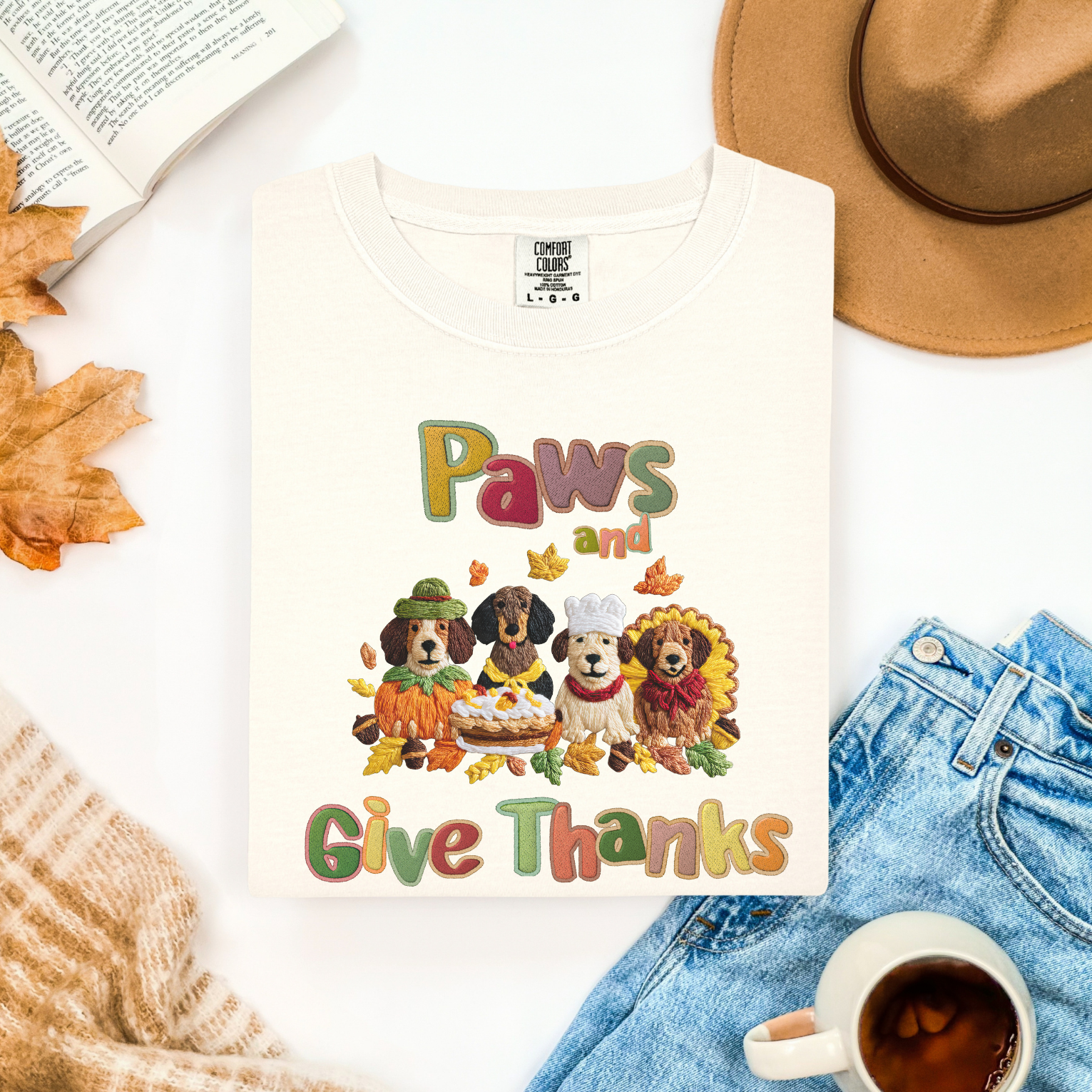 Paws and Give Thanks Dogs Faux Embroidery Comfort Colors T-shirt, Thanksgiving PetsTee, Animal Lover Shirt, Fall Gift for Dog Owners