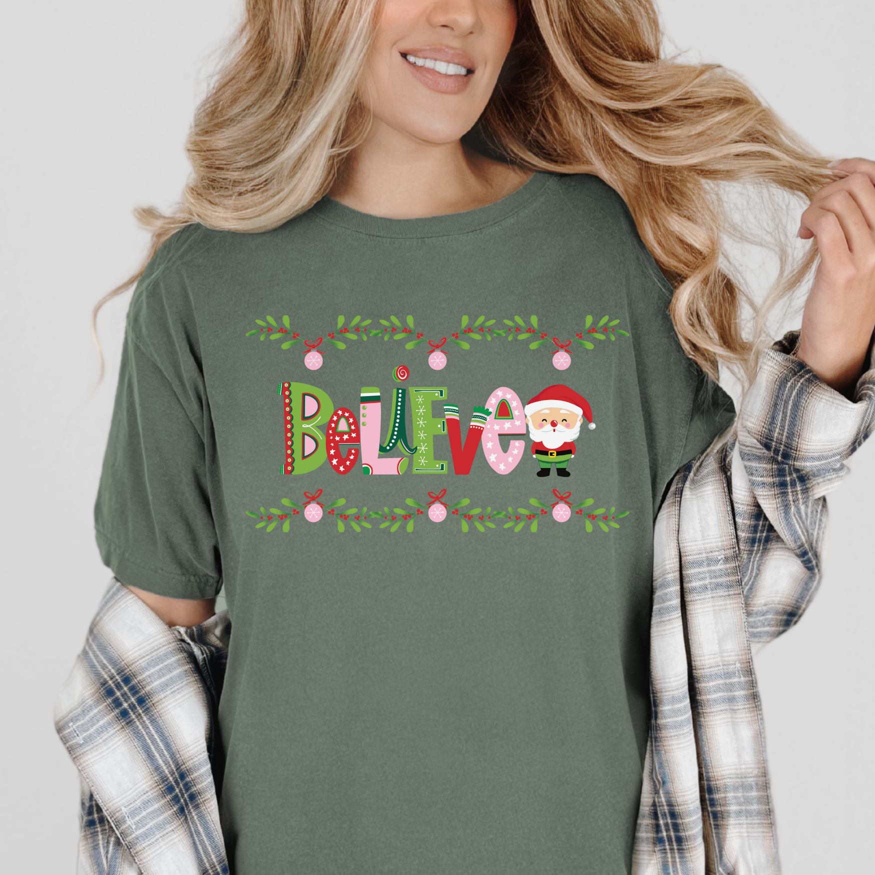 Believe Santa Comfort Colors T-shirt, Pink Green Red Christmas Tee, Holiday Shirt