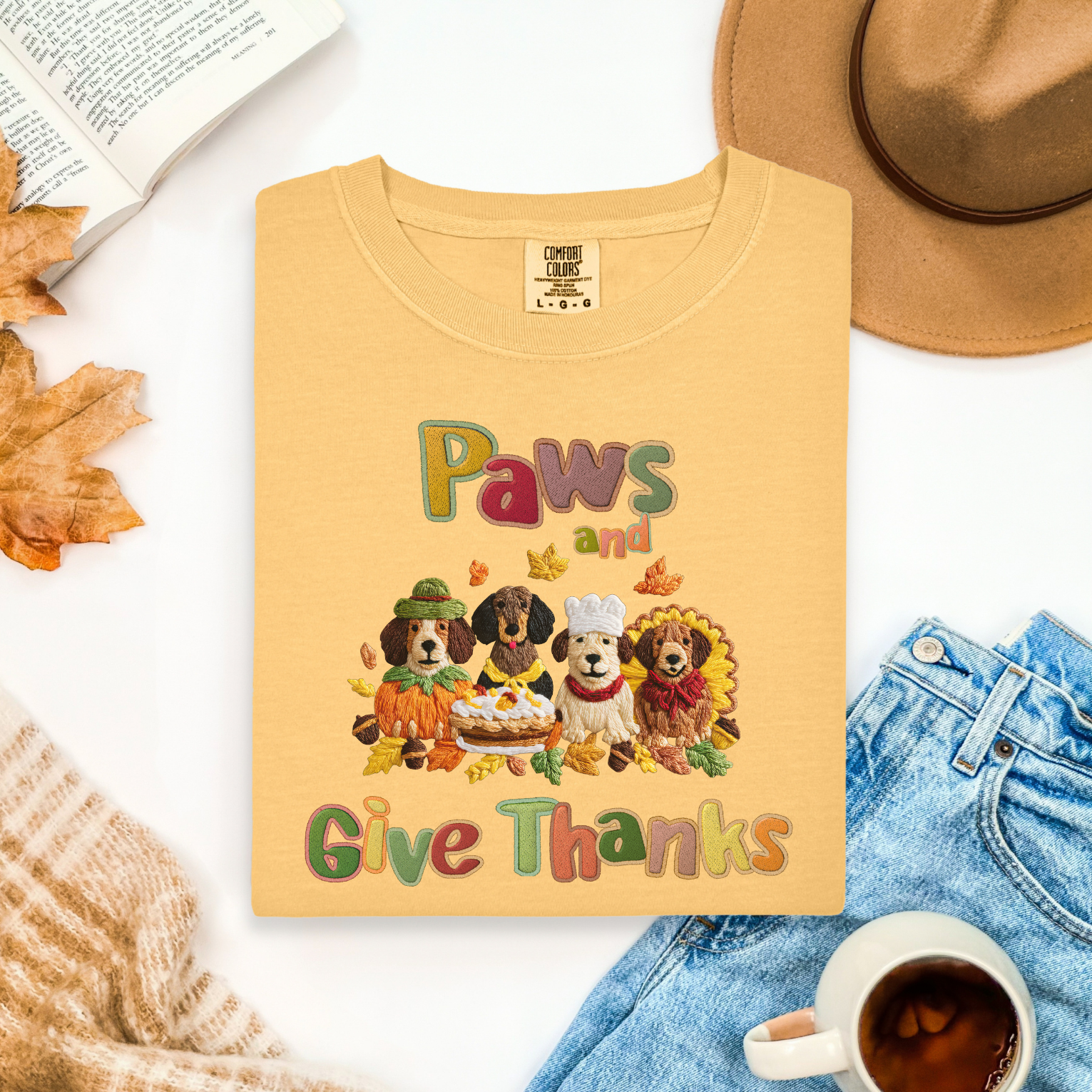 Paws and Give Thanks Dogs Faux Embroidery Comfort Colors T-shirt, Thanksgiving PetsTee, Animal Lover Shirt, Fall Gift for Dog Owners