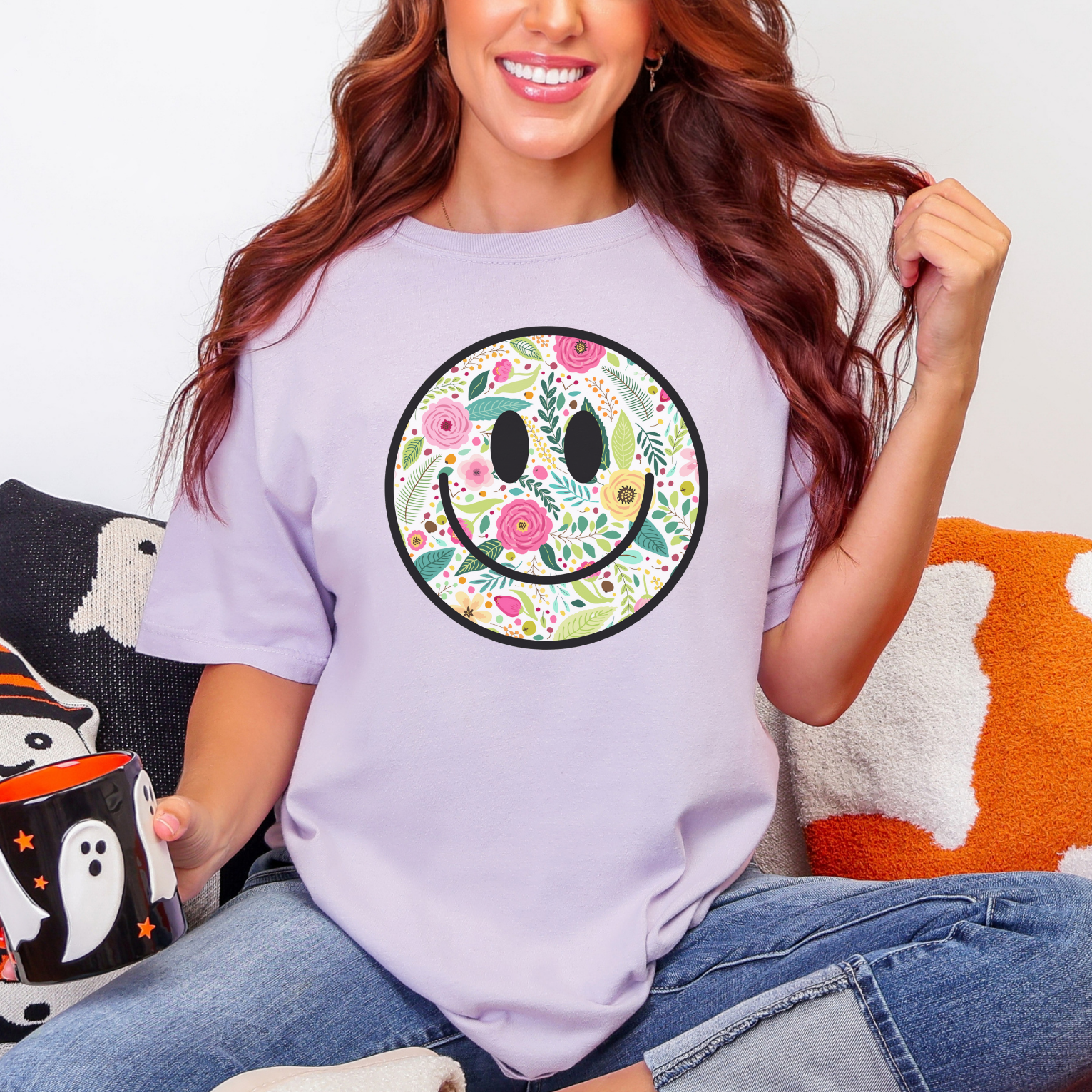 Summer Blooms Smiley Face Adult t-shirt, Spread Positivity, Happy, Women's Tee