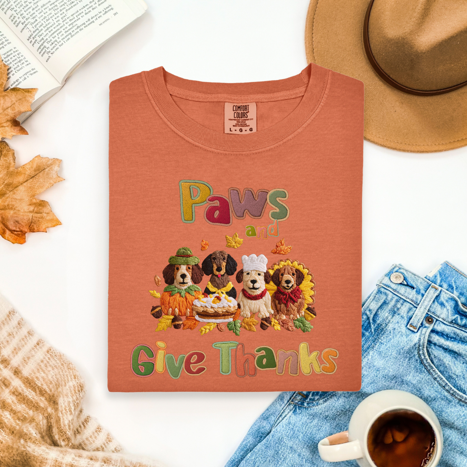 Paws and Give Thanks Dogs Faux Embroidery Comfort Colors T-shirt, Thanksgiving PetsTee, Animal Lover Shirt, Fall Gift for Dog Owners