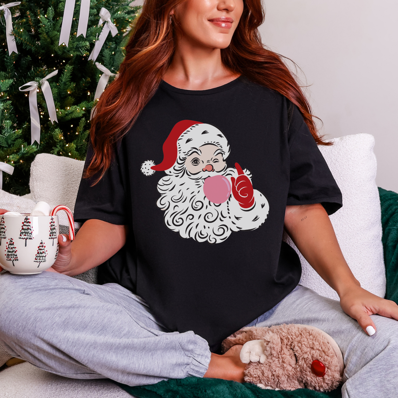 Red Winking Santa Blowing Bubble Comfort Color T-Shirt. Merry Christmas Tee, Woman's Holiday Shirt