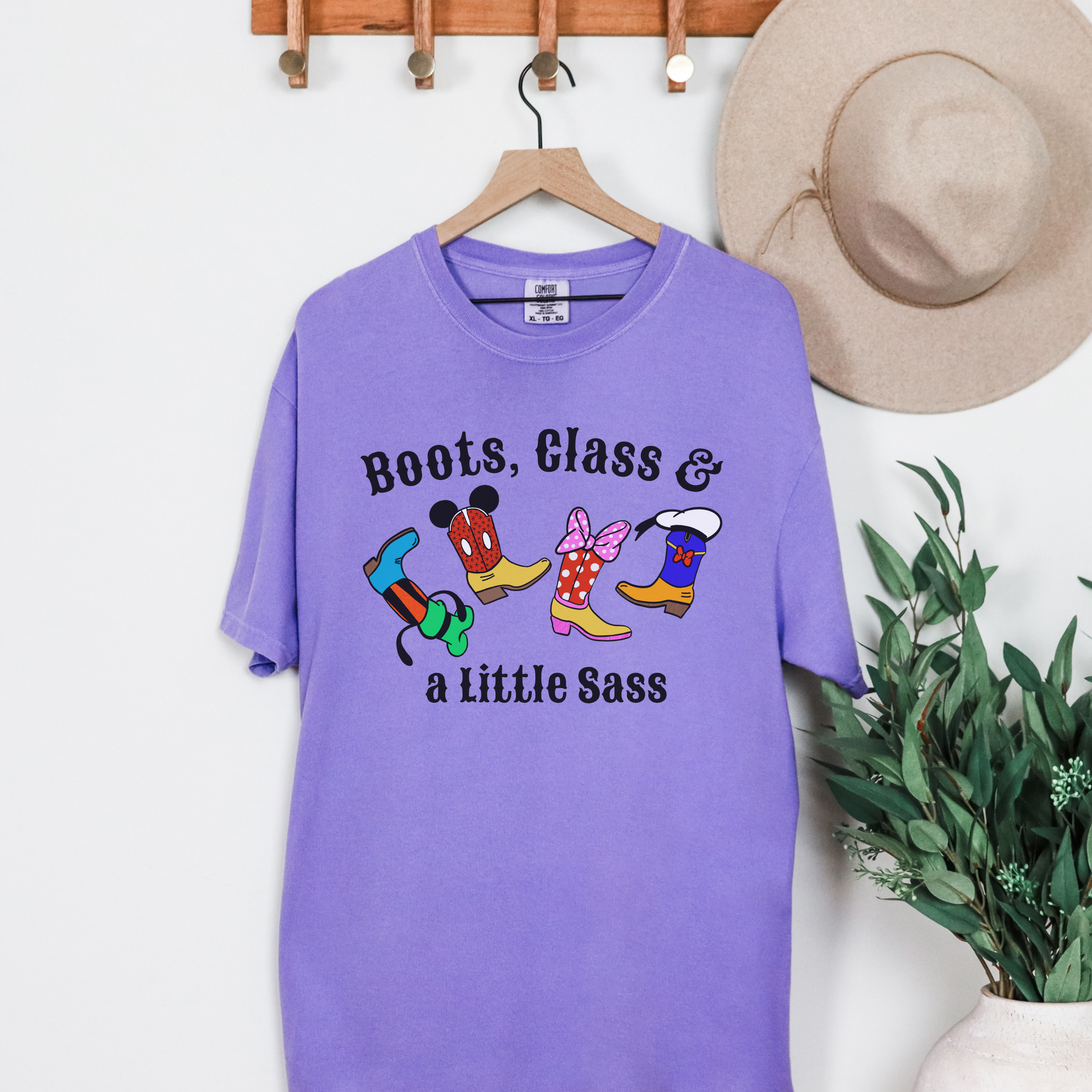 Boots Class and a Little Sass t-shirt, Adult Disney tee, Mickey, Minnie, Donald, Goofy, Cowboy boots, Cowgirl boots, Comfort Colors Unisex shirt