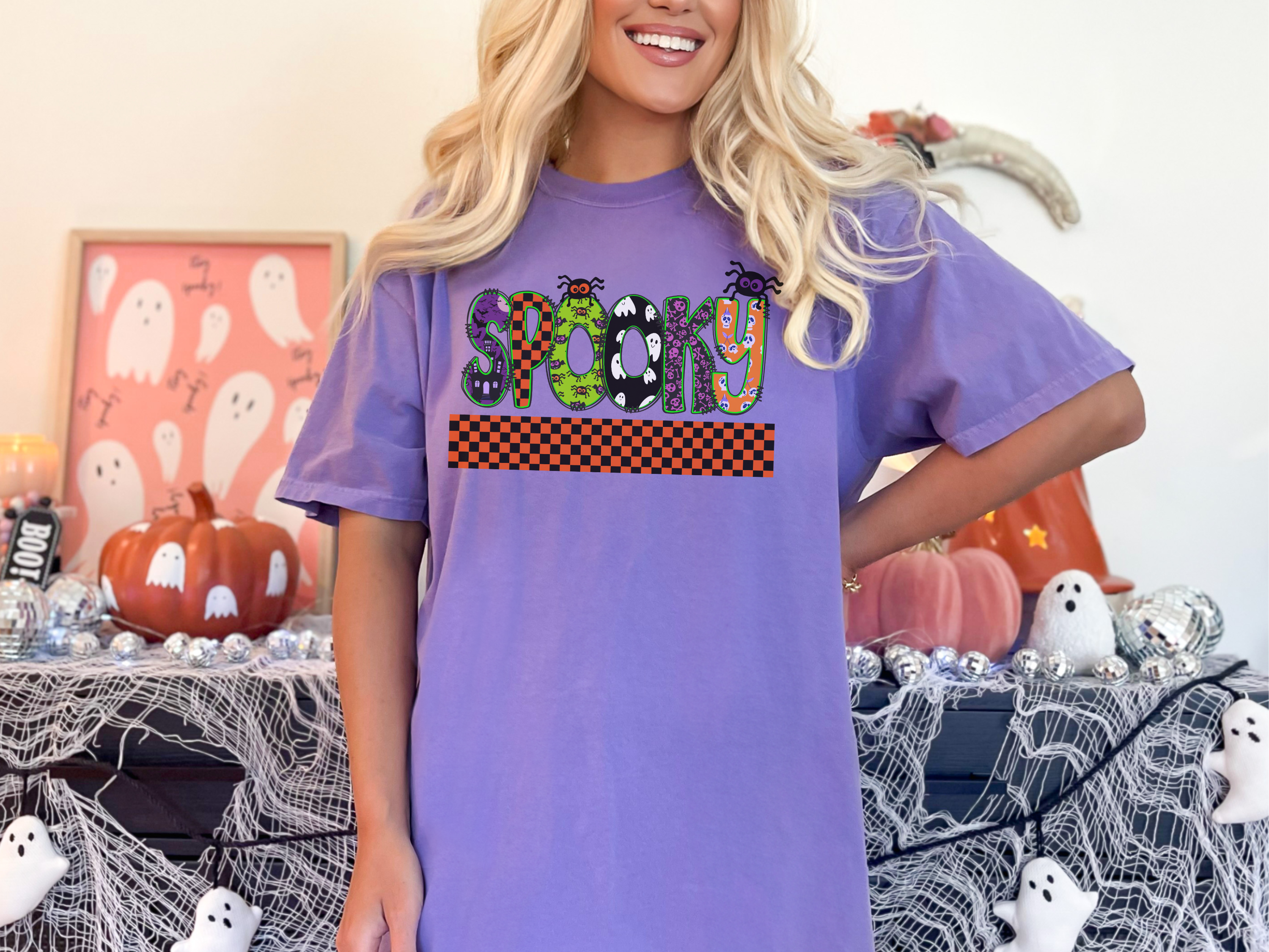 Spooky Halloween Comfort Colors T-shirt, Spiders Ghosts Skulls Check Tee