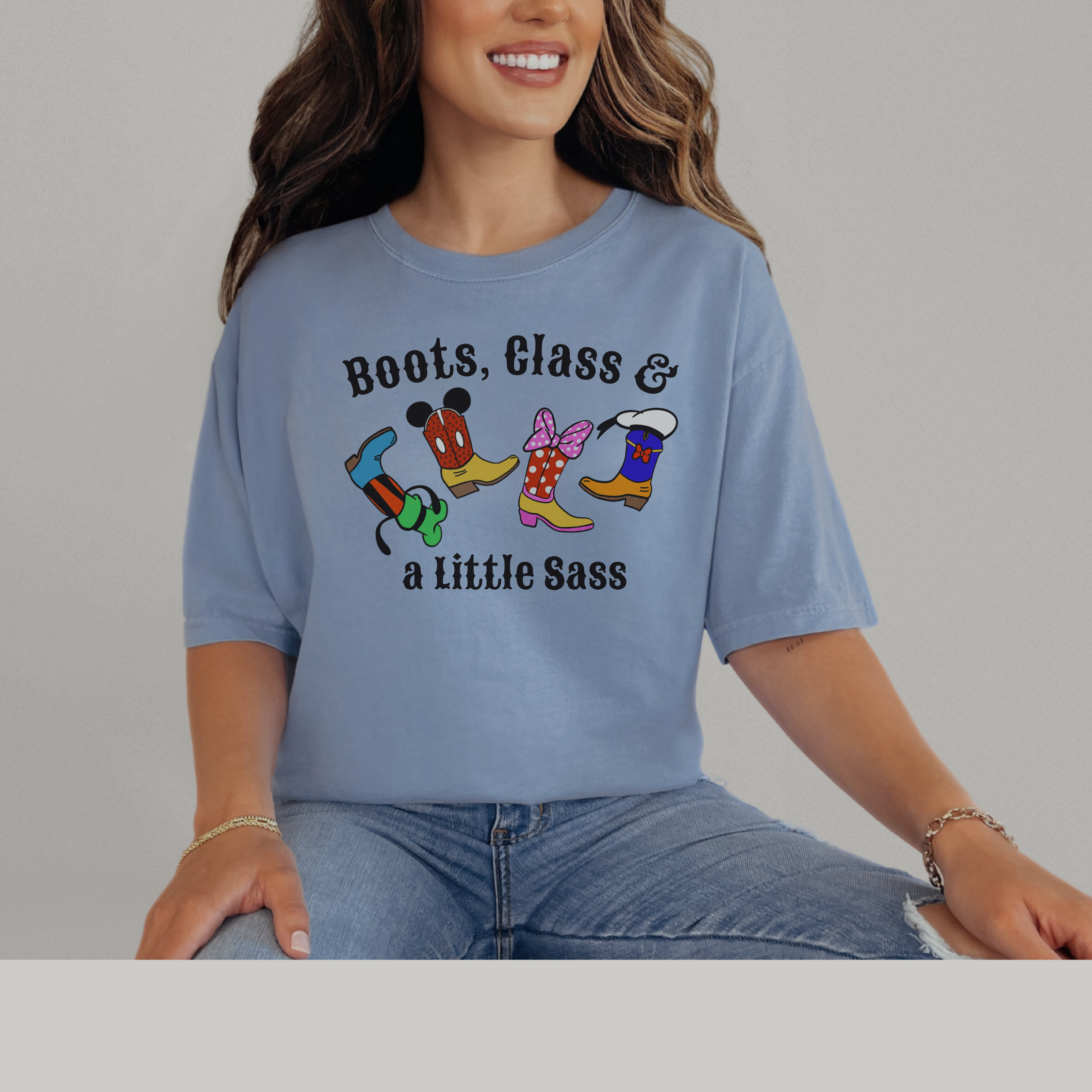 Boots Class and a Little Sass t-shirt, Adult Disney tee, Mickey, Minnie, Donald, Goofy, Cowboy boots, Cowgirl boots, Comfort Colors Unisex shirt