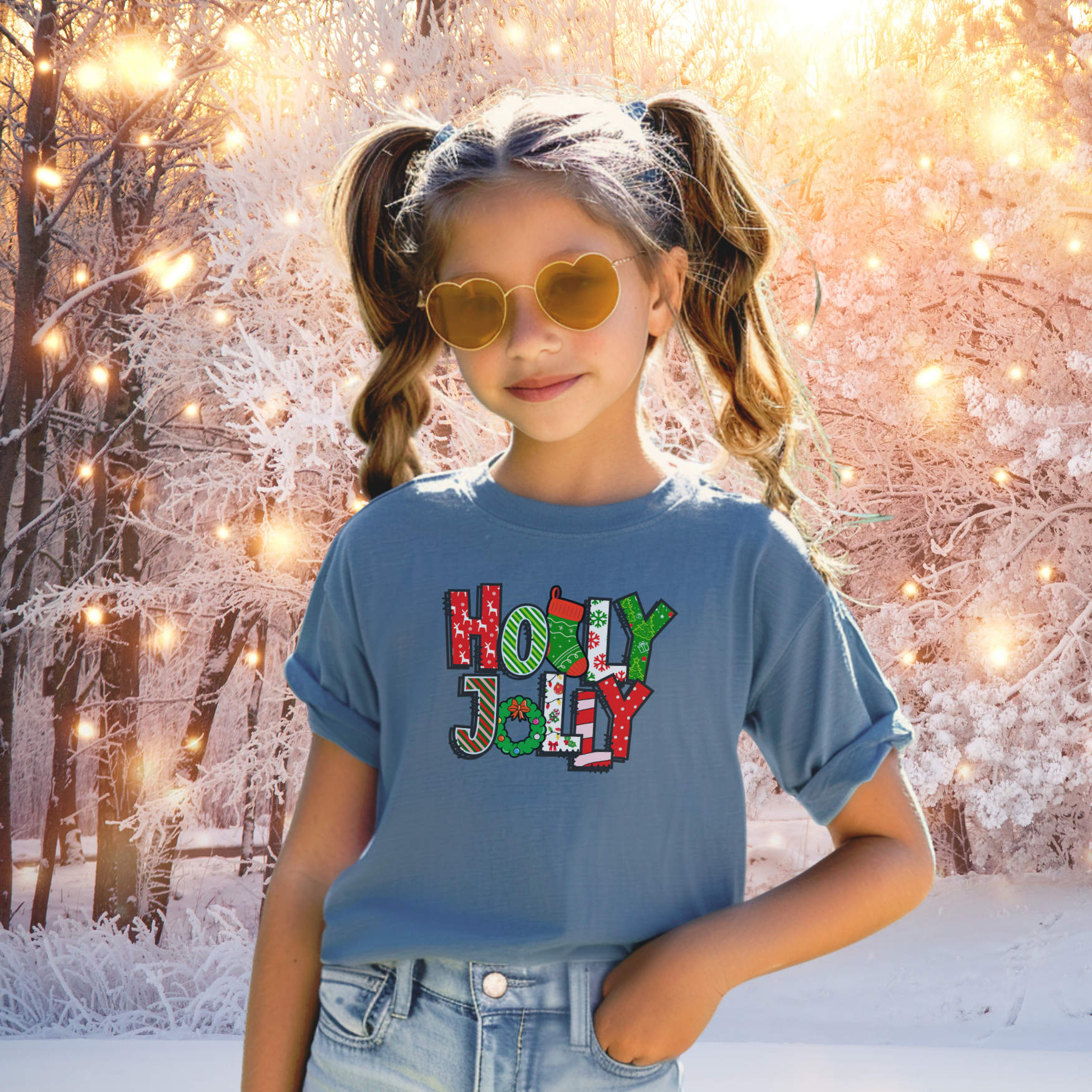 Holly Jolly Youth Comfort Colors T-shirt, Kids Christmas Shirt, Matching Family Pajamas, Holiday Tee