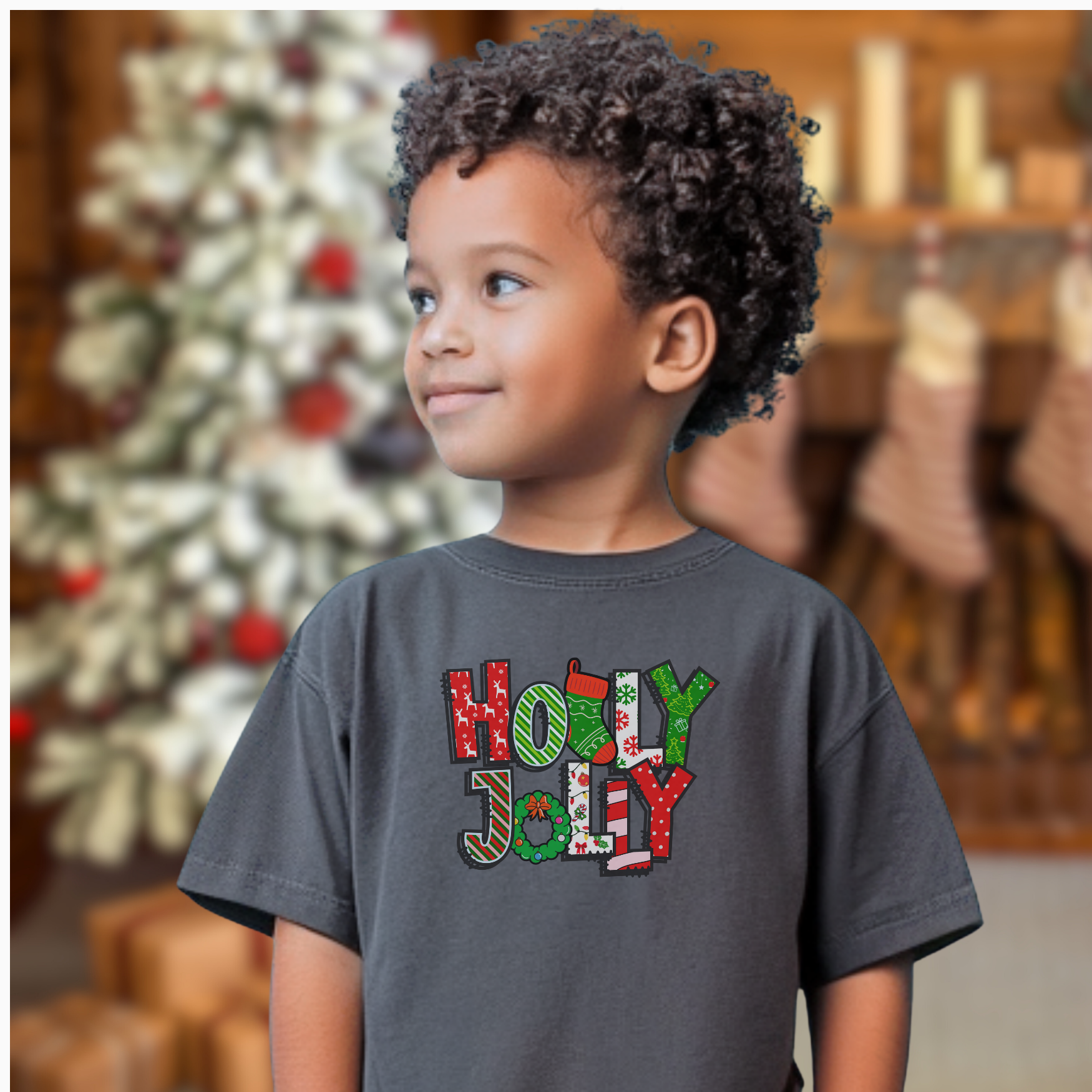 Holly Jolly Youth Comfort Colors T-shirt, Kids Christmas Shirt, Matching Family Pajamas, Holiday Tee