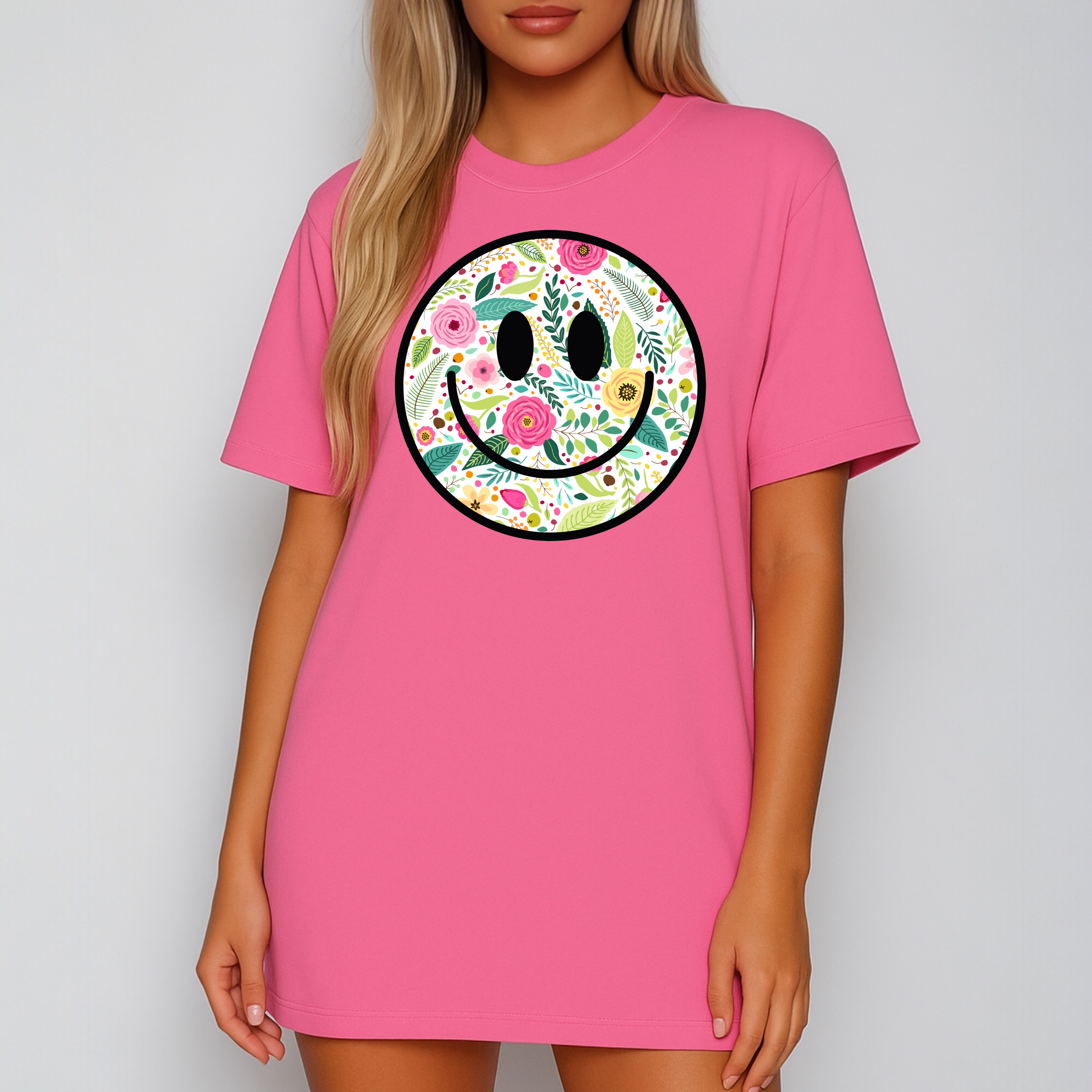Summer Blooms Smiley Face Adult t-shirt, Spread Positivity, Happy, Women's Tee